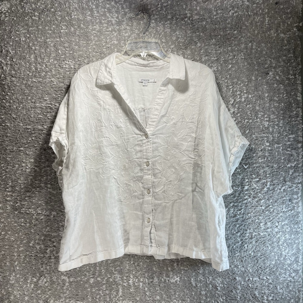 Chico's White Linen Embroidered Floral Button Dolman Sleeve Top 3, 16 Boxy Coast